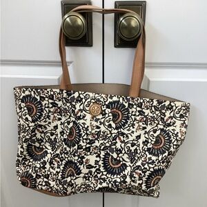 Tory Burch Black and Tan Floral Tote